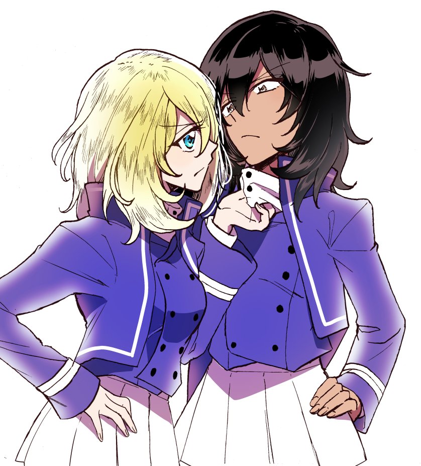 andou_(girls_und_panzer) backlighting bangs bc_freedom_military_uniform black_hair blonde_hair blue_eyes blue_jacket blue_vest brown_eyes closed_mouth commentary dark_skin dress_shirt from_side frown girls_und_panzer hand_on_hip high_collar jacket long_sleeves looking_at_another medium_hair messy_hair military military_uniform miniskirt oshida_(girls_und_panzer) pleated_skirt shirt shirt_grab shutou_mq simple_background skirt standing uniform upper_body v-shaped_eyebrows vest white_background white_shirt white_skirt