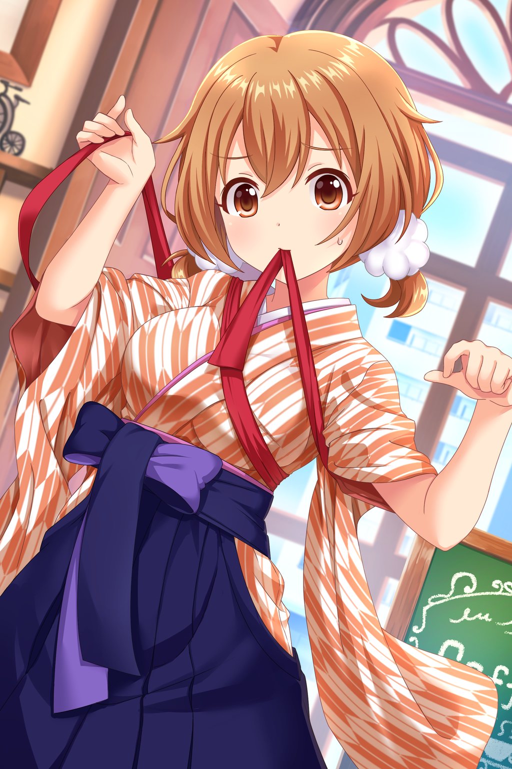 1girl alternative_girls bangs blue_hakama blush breasts brown_eyes hair_between_eyes hakama highres indoors japanese_clothes kimono large_breasts light_brown_hair long_sleeves looking_at_viewer meiji_schoolgirl_uniform momoi_hina mouth_hold official_art orange_kimono red_ribbon ribbon short_hair sweatdrop twintails white_scrunchie wide_sleeves yagasuri