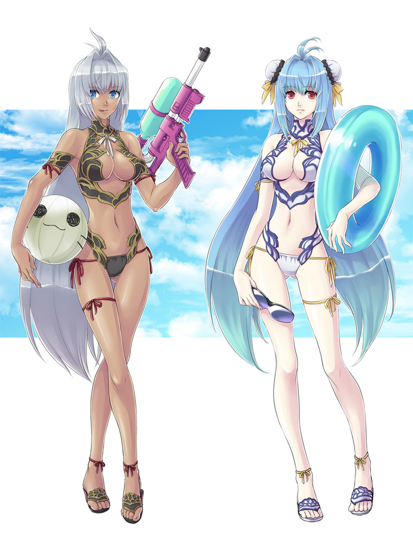 2girls alternate_costume android blue_eyes blue_hair breasts cleavage commentary_request cyborg full_body kos-mos large_breasts long_hair looking_at_viewer medium_breasts multiple_girls oto_nagi red_eyes silver_hair standing swimsuit t-elos tongue tongue_out xenosaga xenosaga_episode_iii