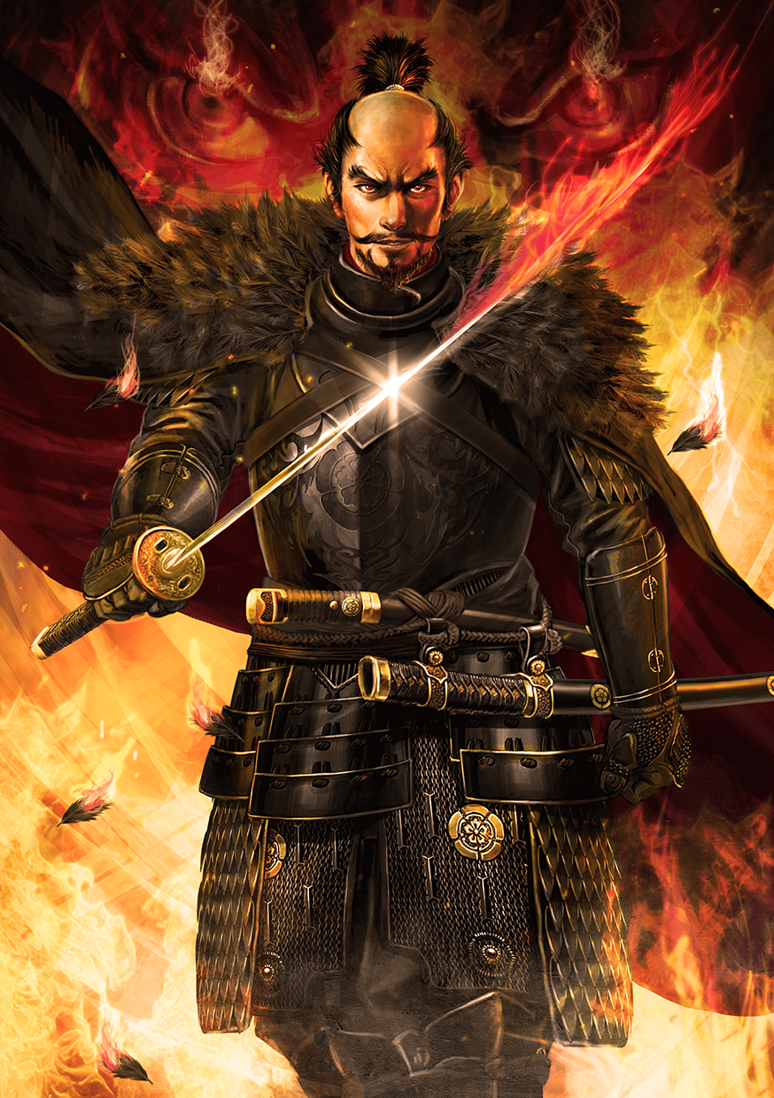 1boy armor black_cape black_feathers black_gloves cape chainmail facial_hair feather_trim fire flaming_sword gauntlets glint gloves goatee highres holding holding_sword holding_weapon looking_at_viewer male_focus mustache oda_nobunaga old_man real_life samurai sengoku_gallery sheath standing sword topknot weapon