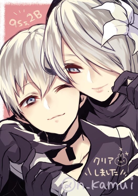 1boy 1girl ;) bangs black_choker black_gloves black_hairband blue_eyes choker closed_mouth flower gloves hair_between_eyes hair_flower hair_ornament hair_over_one_eye hairband lips looking_at_another looking_at_viewer mole mole_under_mouth n_kamui nier_(series) nier_automata one_eye_closed short_hair silver_hair smile twitter_username upper_body white_flower yorha_no._2_type_b yorha_no._9_type_s