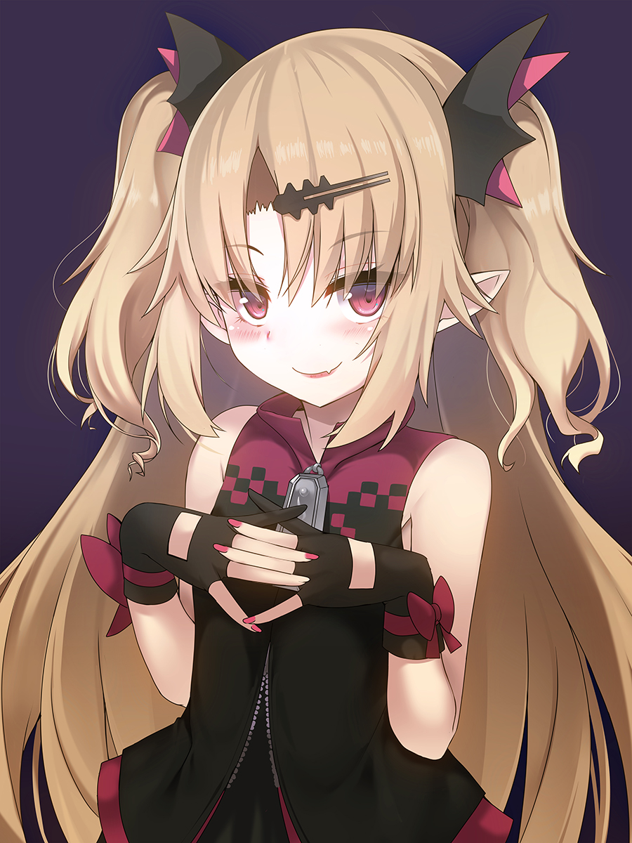 1girl akatsuki_yuni black_dress black_gloves blonde_hair blush dress eyebrows_visible_through_hair fang gloves gradient gradient_background hair_ornament hairclip highres long_hair looking_at_viewer nail_polish okuri_banto partly_fingerless_gloves pointy_ears red_eyes sleeveless sleeveless_dress smile solo two_side_up uni_channel virtual_youtuber