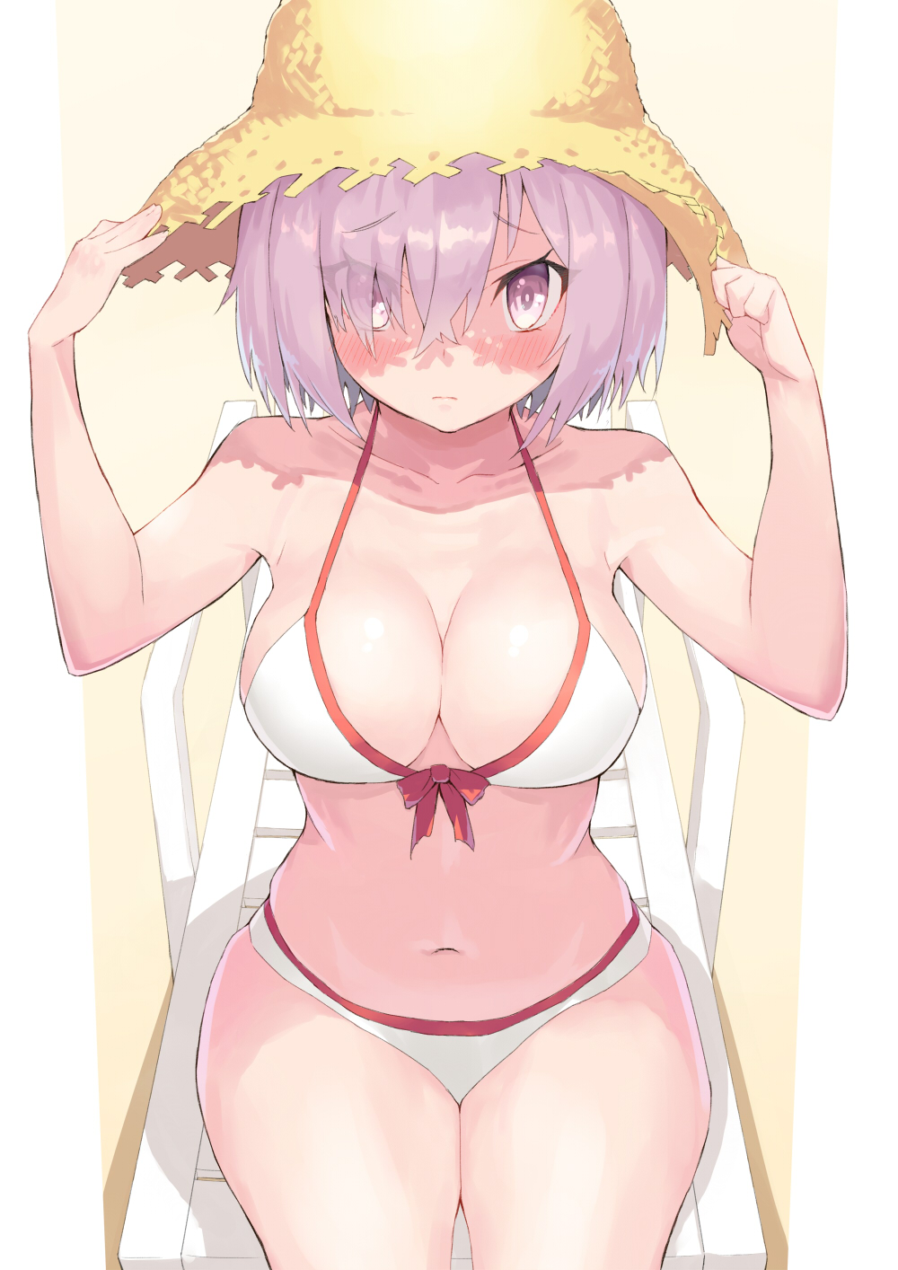 1girl bikini blush breasts cleavage collarbone commentary_request eyes_visible_through_hair fate/grand_order fate_(series) hair_over_one_eye hat highres jonsun large_breasts looking_at_viewer mash_kyrielight purple_hair short_hair sitting solo straw_hat swimsuit swimsuit_of_perpetual_summer violet_eyes white_swimsuit
