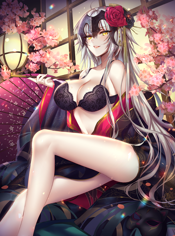 1girl alternate_costume bare_legs bare_shoulders blush bra breasts cherry_blossoms commentary fan fate/grand_order fate_(series) flower folding_fan hair_flower hair_ornament headpiece japanese_clothes jeanne_d'arc_(alter)_(fate) jeanne_d'arc_(fate)_(all) kimono lantern large_breasts lingerie lipstick looking_at_viewer makeup mallizmora navel open_clothes open_kimono pipe silver_hair solo underwear yellow_eyes