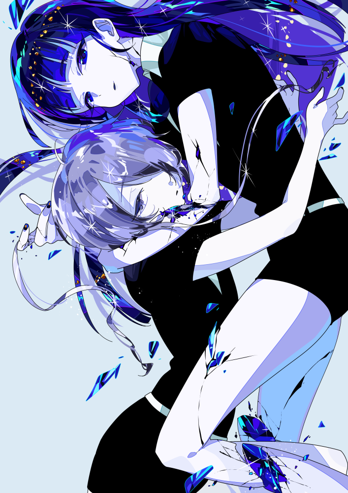 2others bangs blue_eyes blue_hair blunt_bangs gem_uniform_(houseki_no_kuni) ghost_quartz_(houseki_no_kuni) hair_over_one_eye hanasaki_coa houseki_no_kuni lapis_lazuli_(houseki_no_kuni) long_hair looking_at_viewer multiple_others necktie short_hair short_hair_with_long_locks short_sleeves sidelocks silver_hair sparkle uniform white_eyes white_hair