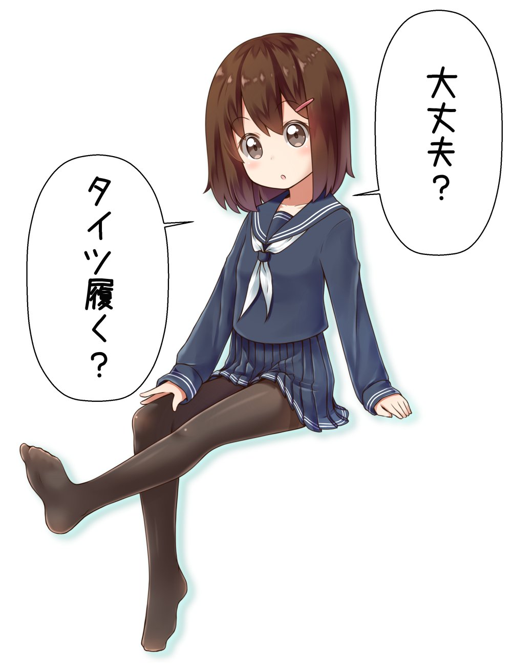 1girl :o blue_sailor_collar blue_serafuku blue_shirt blue_skirt brown_eyes brown_hair brown_legwear copyright_request eyebrows_visible_through_hair gurande_(g-size) hair_ornament hairclip highres invisible_chair long_sleeves looking_at_viewer neckerchief no_shoes pantyhose pleated_skirt sailor_collar shirt simple_background sitting skirt solo translated white_background white_neckwear