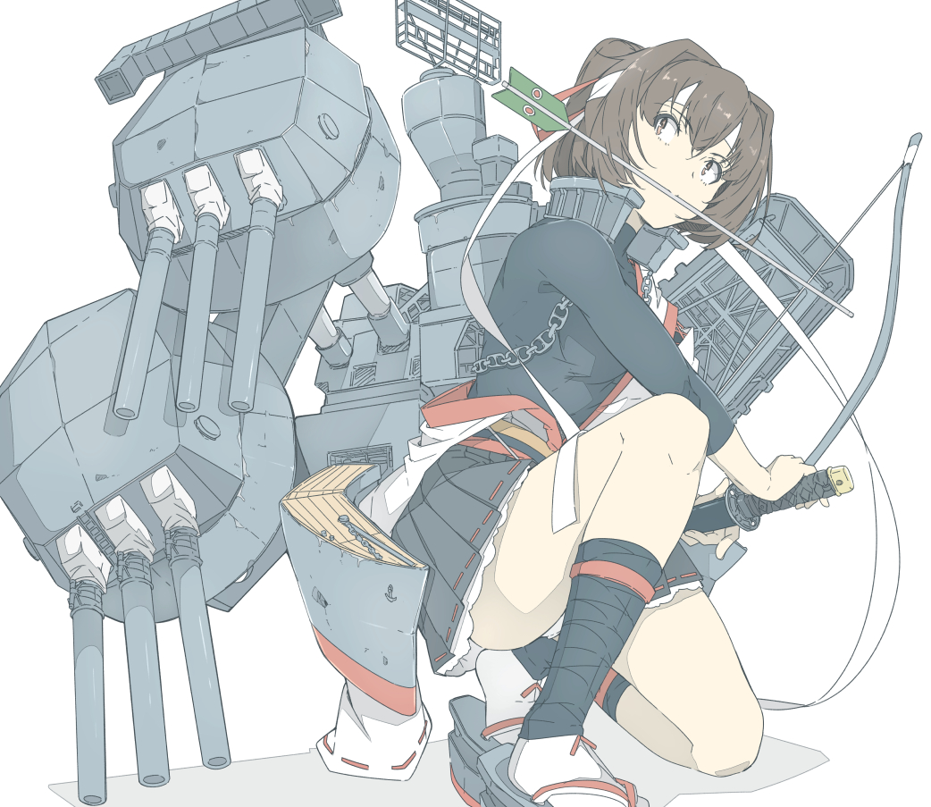 1girl arrow_in_mouth black_skirt brown_eyes brown_hair cannon commentary_request hachimaki hair_ribbon headband holding holding_sword holding_weapon ise_(kantai_collection) kantai_collection katana looking_to_the_side machinery mouth_hold ninimo_nimo plaid plaid_skirt ponytail remodel_(kantai_collection) ribbon rigging sandals sarashi short_hair simple_background skirt solo squatting sword turret weapon