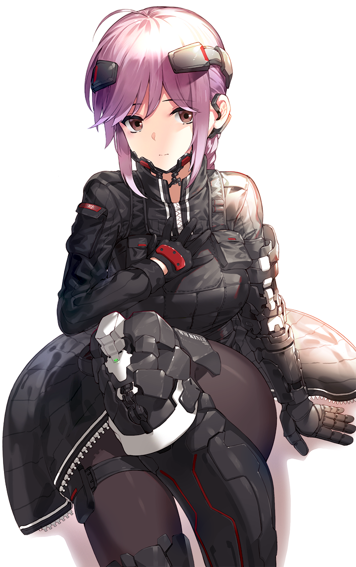1girl ahoge braid brown_eyes commentary cyborg gloves hand_on_own_chest headpiece headwear_removed helmet helmet_removed jacket kfr leg_armor leg_up long_hair original pantyhose prosthesis prosthetic_arm prosthetic_leg purple_hair sitting solo tactical_clothes thigh_strap white_background