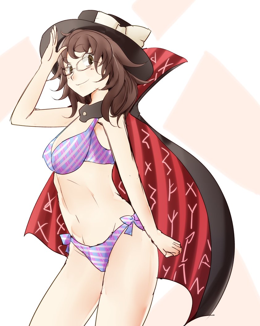 1girl adapted_costume bikini breasts brown_hair cape glasses hat jyaoh0731 looking_at_viewer medium_breasts short_twintails simple_background solo swimsuit touhou twintails usami_sumireko wavy_hair