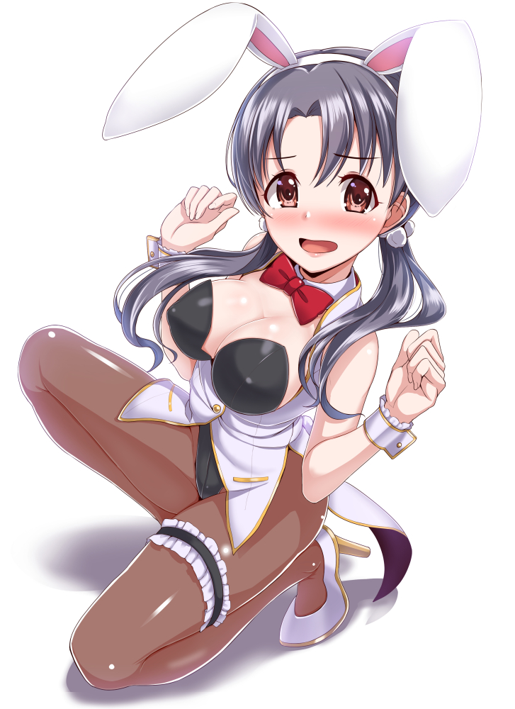 1girl animal_ears black_leotard blush bow bowtie breasts brown_eyes bunny_tail bunnysuit cleavage dan_(orange_train) detached_collar embarrassed erect_nipples full_body garter_belt grey_hair high_heels idolmaster idolmaster_million_live! large_breasts leotard long_hair looking_at_viewer open_mouth pantyhose rabbit_ears red_neckwear simple_background solo strapless strapless_leotard tail takayama_sayoko vest white_background white_footwear white_vest wrist_cuffs