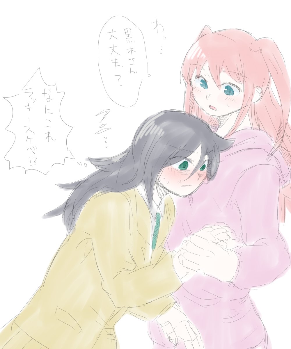 2girls aqua_eyes black_hair blush green_eyes green_neckwear hand_holding highres kuroki_tomoko long_hair long_sleeves looking_at_another m7rin multiple_girls necktie nemoto_hina open_mouth pink_hair pink_hoodie sketch sweat thought_bubble two_side_up watashi_ga_motenai_no_wa_dou_kangaetemo_omaera_ga_warui! white_background yuri