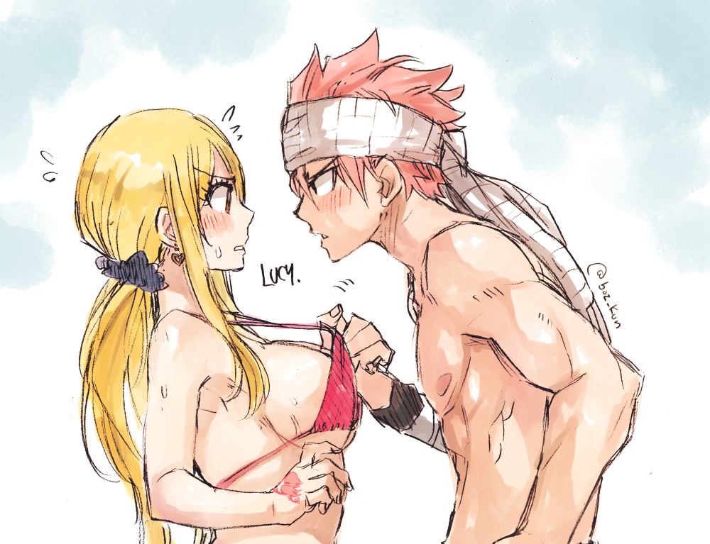 1boy 1girl black_scrunchie blonde_hair blush breasts brown_eyes embarrassed eye_contact fairy_tail from_side hair_ornament hair_scrunchie headband large_breasts long_hair looking_at_another lucy_heartfilia natsu_dragneel open_mouth pink_hair red_bikini_top rusky scrunchie sideboob sketch spiky_hair sweatdrop tattoo twintails under_boob upper_body