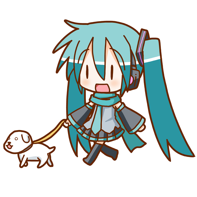 1girl chibi chibi_miku dog hamo_(dog) hatsune_miku minami_(colorful_palette) scarf super_deformed thighhighs twintails vocaloid