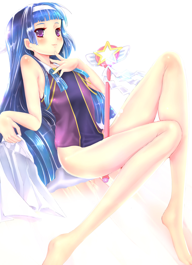 bangs barefoot blue_hair blunt_bangs hairband kannagi long_hair nagi one-piece_swimsuit purple_eyes swimsuit teruru violet_eyes wand