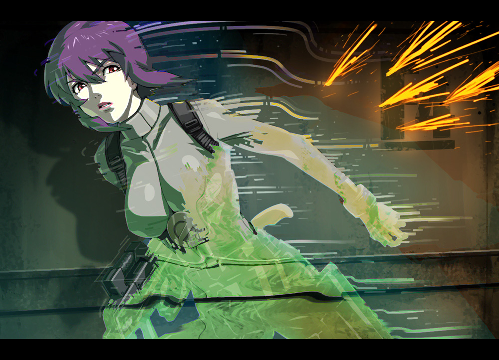 ghost_in_the_shell gun invisible kusanagi_motoko purple_hair red_eyes rifle short_hair usatarou weapon