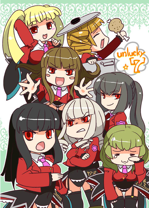 7girls angry asmodeus bad_id beelzebub belphegor black_hair blonde_hair blush brown_hair chibi closed_eyes drill_hair food girl green_hair happy kamaboko kamaboko_red leviathan_(umineko) lucifer mammon multiple_girls orange_hair pantyhose red_eyes satan silver_hair smile stakes_of_purgatory super_deformed tears thigh-highs thighhighs twintails umineko_no_naku_koro_ni zettai_ryouiki