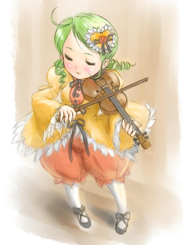 closed_eyes dress drill_hair ginjyasei green_hair instrument kanaria rozen_maiden violin