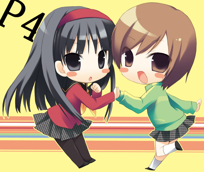 black_hair brown_eyes brown_hair chibi hairband long_hair pantyhose persona persona_4 satonaka_chie sazaki_ichiri short_hair super_deformed