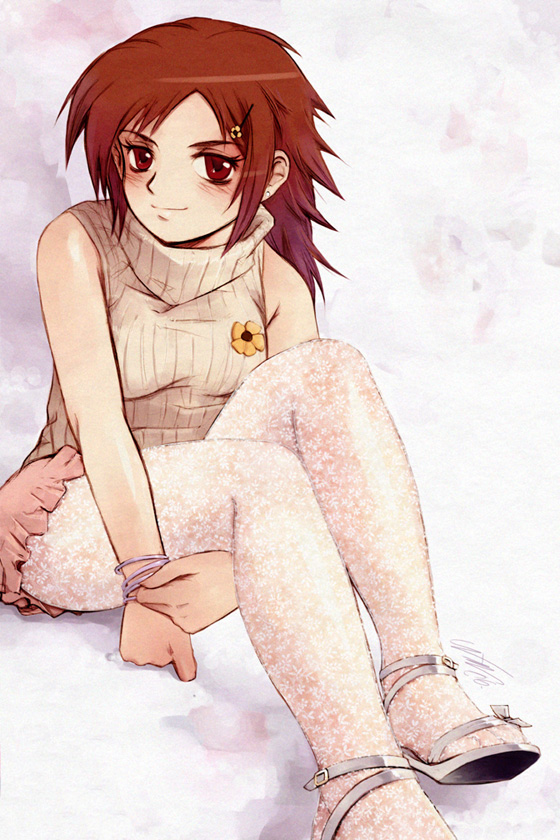 breasts brown_hair cleavage flower hair_ornament hairclip high_heels jewelry messiah messiah_cage mystic_cage open_shoes pantyhose red_eyes sandals short_hair sitting skirt smile turtleneck