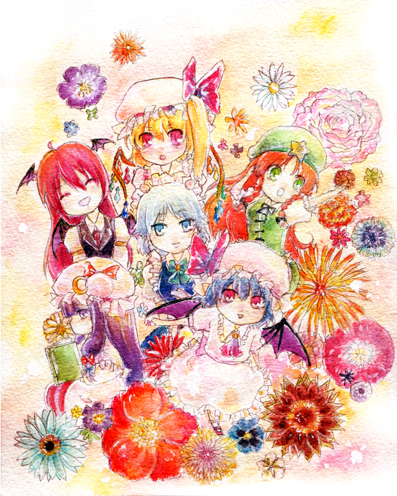 bad_id chibi everyone flandre_scarlet flower hong_meiling izayoi_sakuya koakuma multiple_girls patchouli_knowledge remilia_scarlet satozaki_mutou super_deformed touhou traditional_media