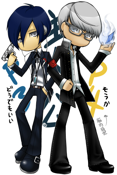 armband chibi digital_media_player evoker glasses gun_to_head headphones narukami_yuu persona persona_3 persona_4 pseudonym seta_souji super_deformed