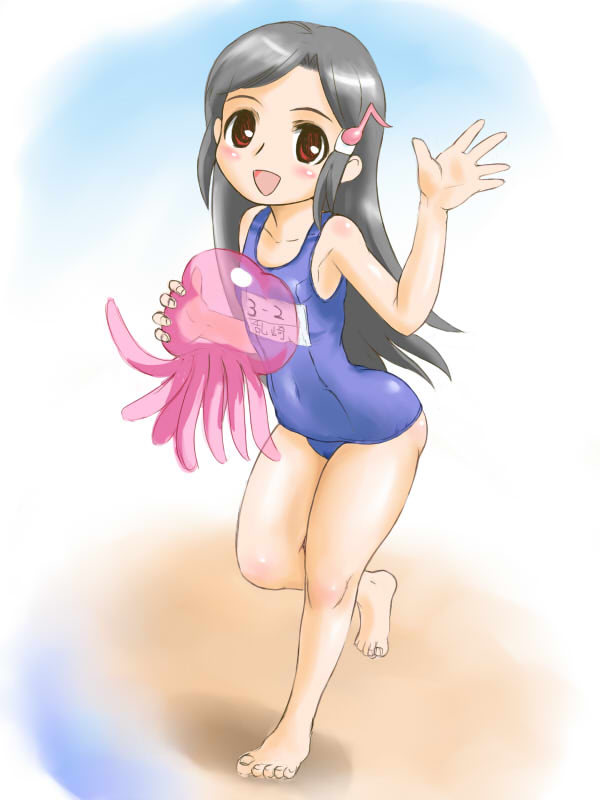 barefoot flat_chest ginjyasei jellyfish kyouran_kazoku_nikki long_hair midarezaki_gekka midarezaki_yuuka one-piece_swimsuit red_eyes school_swimsuit smile swimsuit wave waving