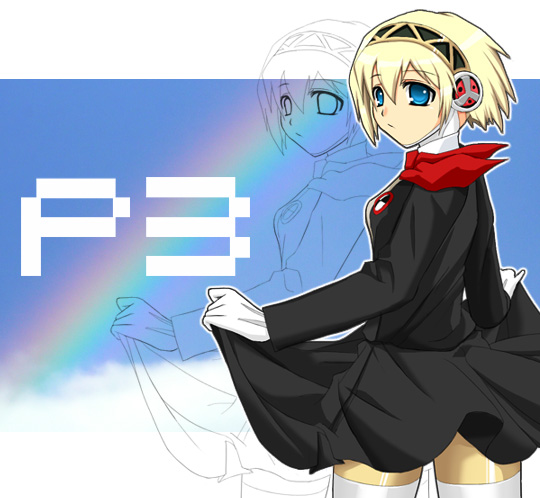 android blonde_hair blue_eyes dress dress_lift from_behind fukakiri_hanebito hairband lineart looking_back persona persona_3 rainbow short_hair solo thighhighs white_legwear zettai_ryouiki zoom_layer