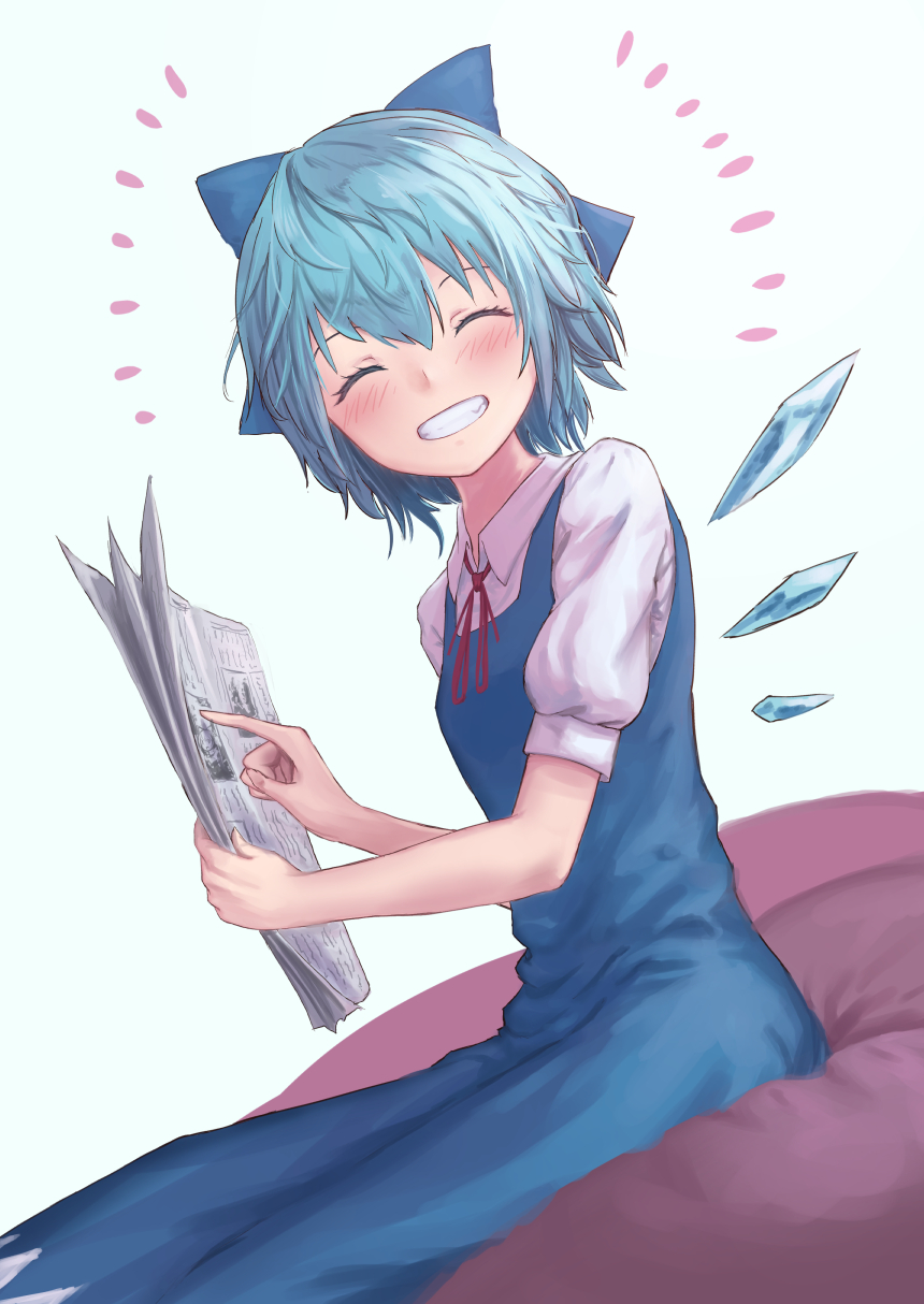 1girl ^_^ blue_background blue_bow blue_dress blue_hair blue_wings blush bow cirno closed_eyes commentary_request dress facing_viewer feet_out_of_frame grin hair_between_eyes hair_bow highres holding_newspaper ice ice_wings neck_ribbon newspaper pointing puffy_short_sleeves puffy_sleeves red_neckwear red_ribbon ribbon roke_(taikodon) short_hair short_sleeves simple_background sitting smile solo touhou wing_collar wings