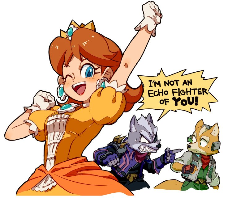 1girl 2boys angry arm_up blue_eyes clenched_teeth crown dress earrings english flipped_hair flower_earrings fox fox_mccloud gloves jewelry looking_at_viewer super_mario_bros. multiple_boys nemurism nintendo orange_dress pointing princess_daisy puffy_short_sleeves puffy_sleeves scouter short_hair short_sleeves simple_background star_fox super_mario_bros. super_smash_bros. sweatdrop teeth upper_body white_background white_gloves wolf wolf_o'donnell