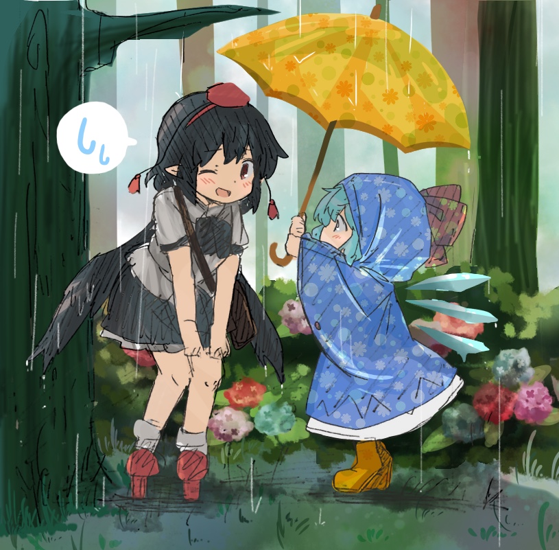 2girls black_hair blue_hair blush boots cirno flower forest geta kototoki multiple_girls nature one_eye_closed pointy_ears rain raincoat rubber_boots shameimaru_aya short_hair sketch smile speech_bubble touhou umbrella