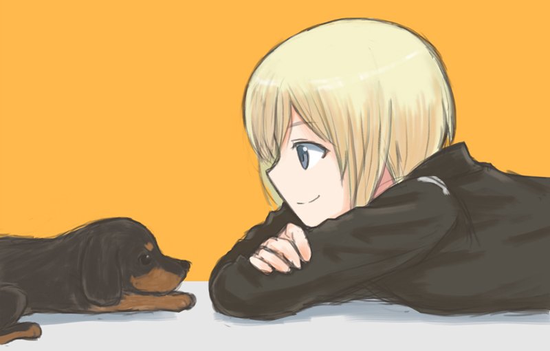 1girl blonde_hair blue_eyes crossed_arms dachshund erica_hartmann lying mutsu_(layergreen) on_stomach short_hair smile strike_witches world_witches_series yellow_background