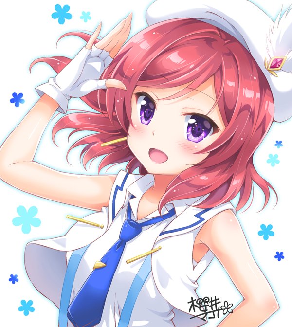 1girl :d artist_name beret blue_neckwear fingerless_gloves floral_background gloves hat hat_feather light_blush looking_at_viewer love_live! love_live!_school_idol_project medium_hair necktie nishikino_maki open_mouth redhead sakurai_makoto_(custom_size) salute shirt signature sleeveless sleeveless_shirt smile solo suspenders tie_clip upper_body vest violet_eyes white_feathers white_gloves white_hat white_shirt white_vest