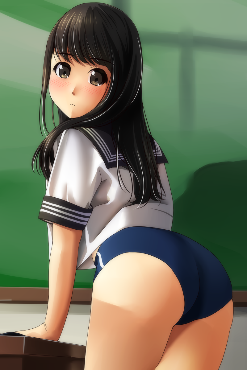 1girl ass bangs black_eyes black_hair blue_swimsuit blush chalkboard classroom eyebrows_visible_through_hair from_behind highres long_hair looking_at_viewer matsunaga_kouyou one-piece_swimsuit original school_uniform serafuku solo swimsuit swimsuit_under_clothes tareme