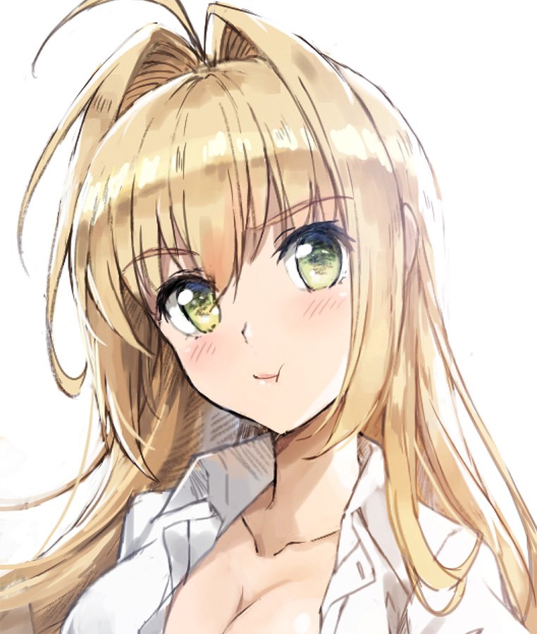 1girl :t ahoge alternate_hairstyle blonde_hair blush breasts cleavage collared_shirt commentary_request eyebrows_visible_through_hair fate/grand_order fate_(series) green_eyes hair_intakes large_breasts long_hair looking_at_viewer naked_shirt nero_claudius_(fate) nero_claudius_(fate)_(all) pout shirt simple_background solo tonee upper_body white_background white_shirt wing_collar