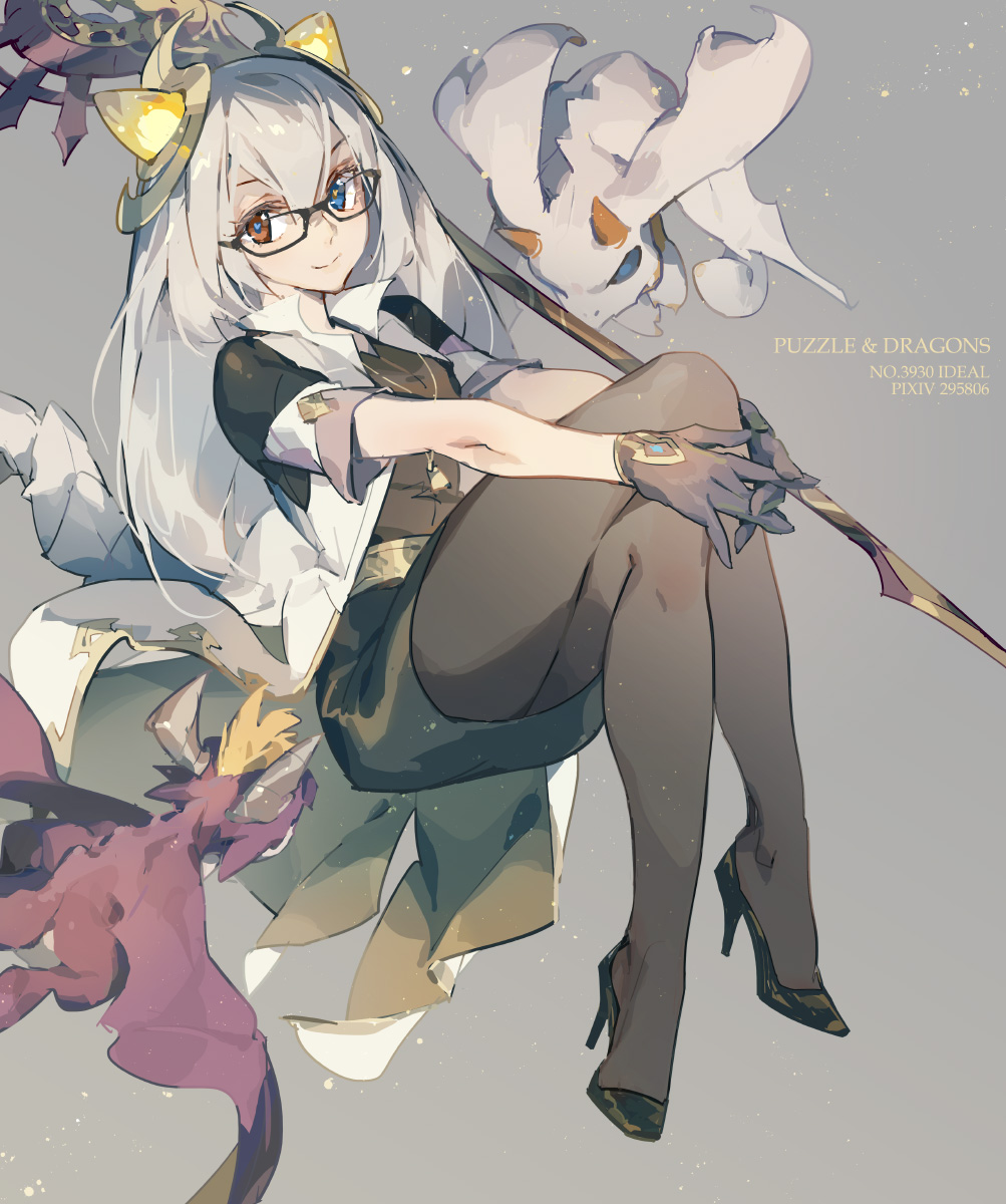 1girl bangs blue_eyes glasses grey_hair heterochromia high_heels highres long_hair miniskirt pantyhose puzzle_&amp;_dragons red_eyes sitting skirt tennohi