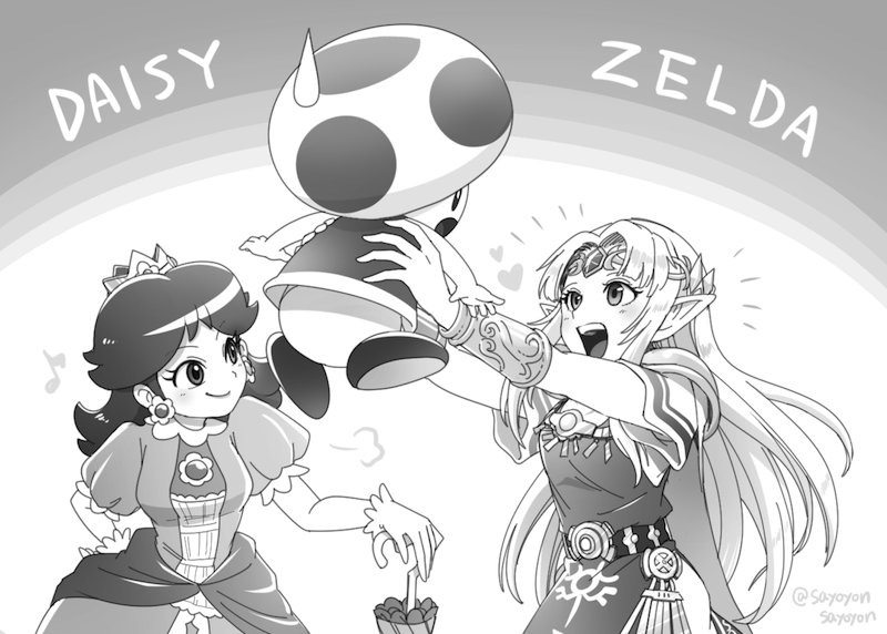 1boy 2girls bracer character_name earrings flower_earrings greyscale hand_on_hip heart jewelry long_hair looking_at_another super_mario_bros. monochrome multiple_girls musical_note open_mouth parasol picking_up pointy_ears princess_daisy princess_zelda sayoyonsayoyo short_sleeves sixteenth_note smile super_mario_bros. super_smash_bros. sweatdrop the_legend_of_zelda the_legend_of_zelda:_a_link_between_worlds toad twitter_username umbrella vest