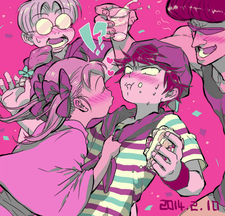 1girl 3boys ana_(mother) backwards_hat baseball_cap blush cake closed_eyes confetti cup dated drinking_glass food food_on_face hat limited_palette lloyd_(mother) mokorobi mother_(game) mother_1 multiple_boys neckerchief neckwear_grab ninten opaque_glasses pink_background pompadour puckered_lips shirt simple_background strawberry_shortcake striped striped_shirt sunglasses teddy_(mother) twintails