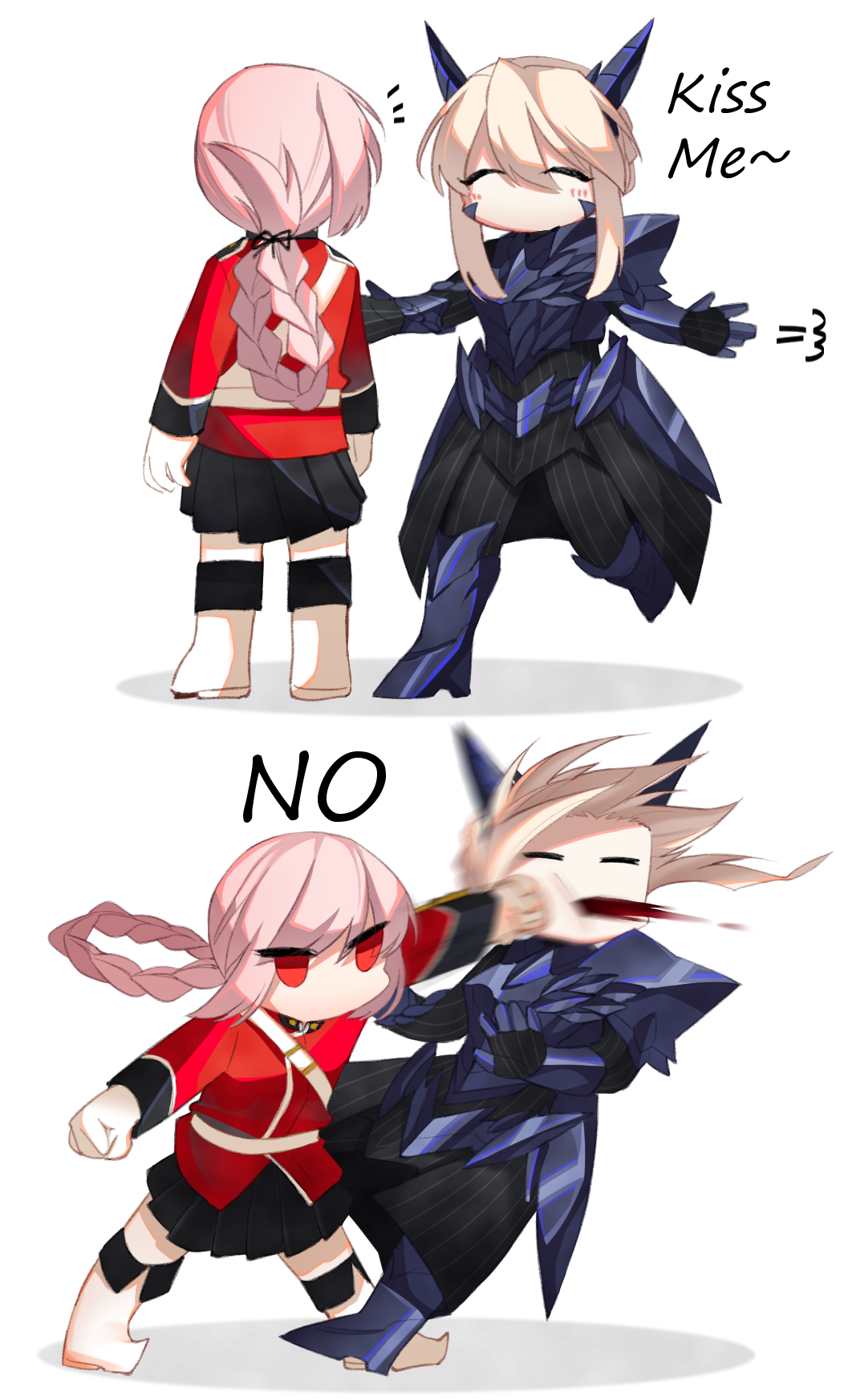 2girls 2koma ^_^ armor artoria_pendragon_(all) artoria_pendragon_(lancer_alter) blonde_hair braid closed_eyes comic commentary_request english fate/grand_order fate_(series) florence_nightingale_(fate/grand_order) gauntlets hair_between_eyes highres hochikass horns long_sleeves military military_uniform multiple_girls pink_hair red_eyes smile uniform