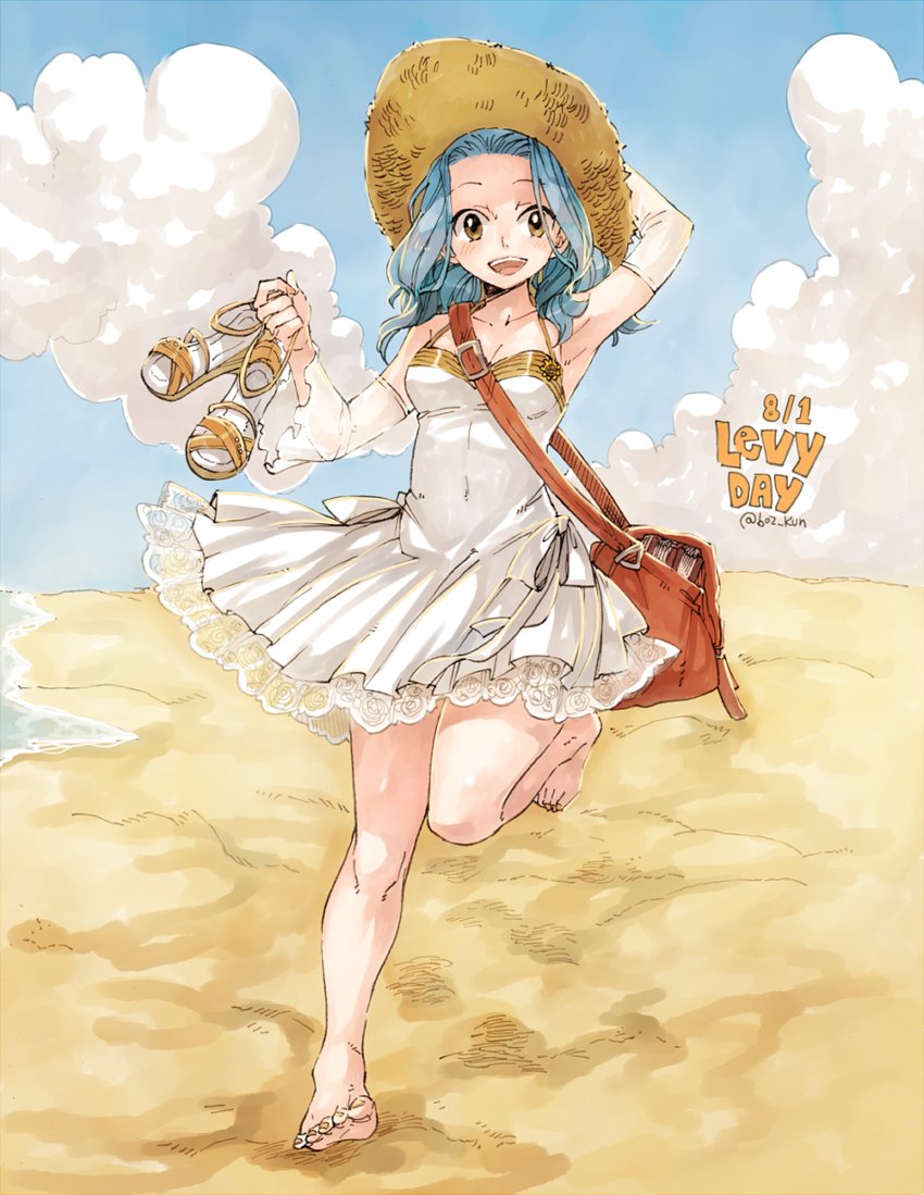 1girl :d arm_up armpits barefoot beach blue_hair blue_sky breasts brown_eyes character_name cleavage clouds collarbone day detached_sleeves dress fairy_tail hat holding levy_mcgarden long_hair one_leg_raised open_mouth outdoors rusky see-through short_dress sky sleeveless sleeveless_dress small_breasts smile solo standing standing_on_one_leg straw_hat sun_hat sundress white_dress yellow_hat