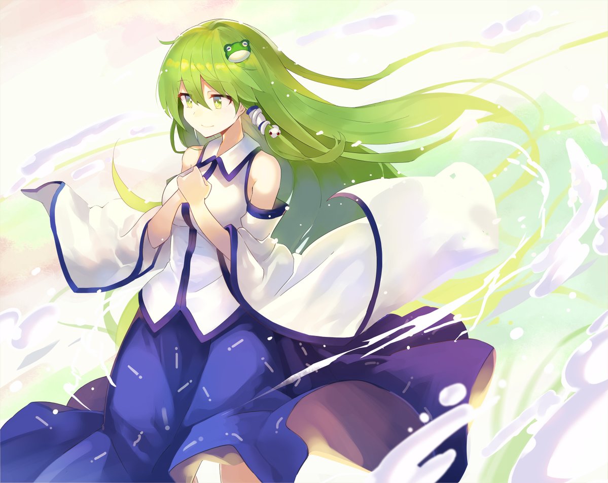 1girl blush breast clouds collar detached_sleeves frog green_eyes green_hair hair_accessories hair_tube kochiya_sanae long_hair long_skirt skirt smile snake touhou tsurime vest water wind yutozin