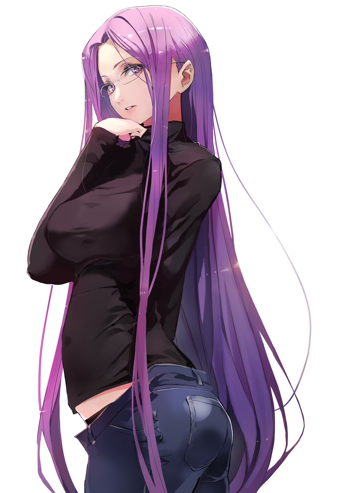 1girl black_panties black_sweater commentary_request denim fate/stay_night fate_(series) glasses highres jeans lips long_hair open_clothes open_mouth panties pants purple_hair rider solo standing sweater taishi_(picchiridou) underwear violet_eyes