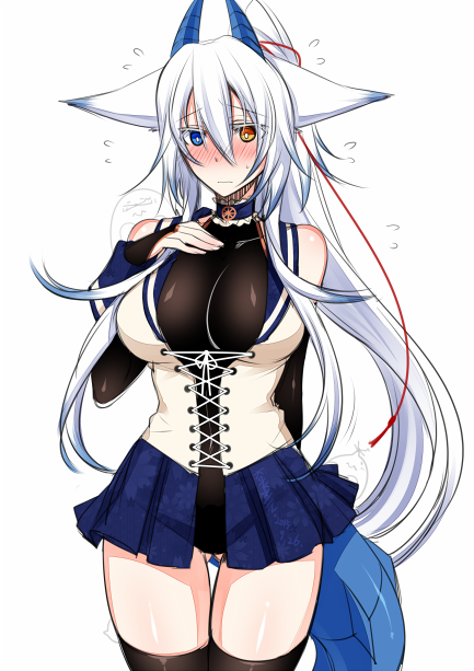 1girl animal_ears bare_shoulders black_gloves black_legwear blue_eyes blue_skirt blush breasts bridal_gauntlets commentary_request cowboy_shot elbow_gloves embarrassed flying_sweatdrops fox_ears gloves gluteal_fold heterochromia horns huge_breasts konshin long_hair looking_at_viewer orange_eyes orie_hakua original pleated_skirt simple_background skirt solo sweatdrop tail thigh-highs thigh_gap white_background