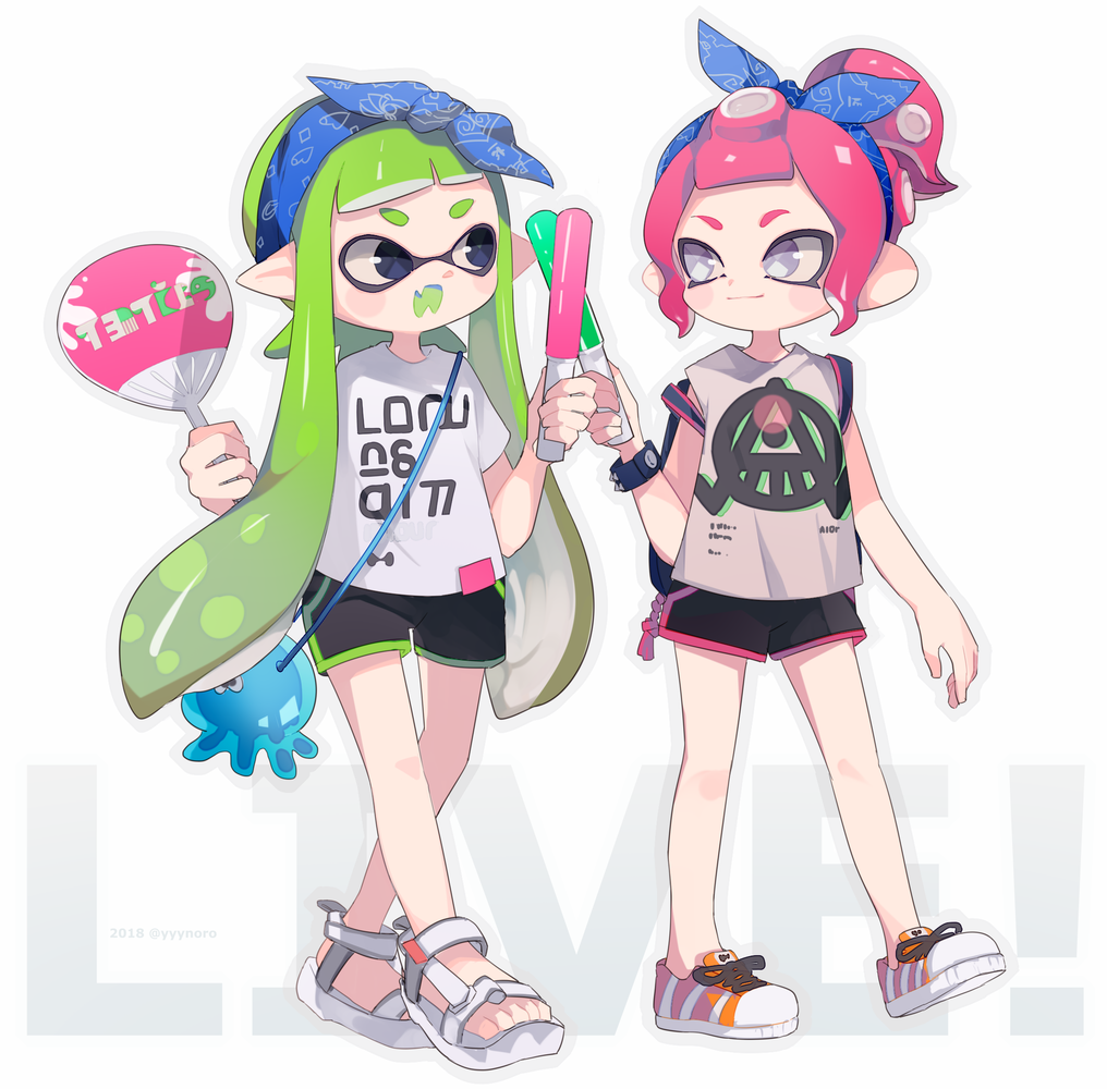 2girls bandanna captain_yue casual clothes_writing fan fangs feet food green_hair high_ponytail inkling looking_at_another multiple_girls octoling open_mouth pink_hair pointy_ears ponytail popsicle sandals shoes short_shorts shorts simple_background sleeveless smile sneakers splatoon splatoon_2 studded_bracelet tentacle_hair toes white_background