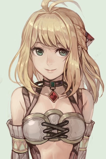 1girl blonde_hair breasts fiorun green_eyes hair_ornament hankuri long_hair looking_at_viewer short_hair simple_background smile solo xenoblade_(series) xenoblade_1 xenoblade_2