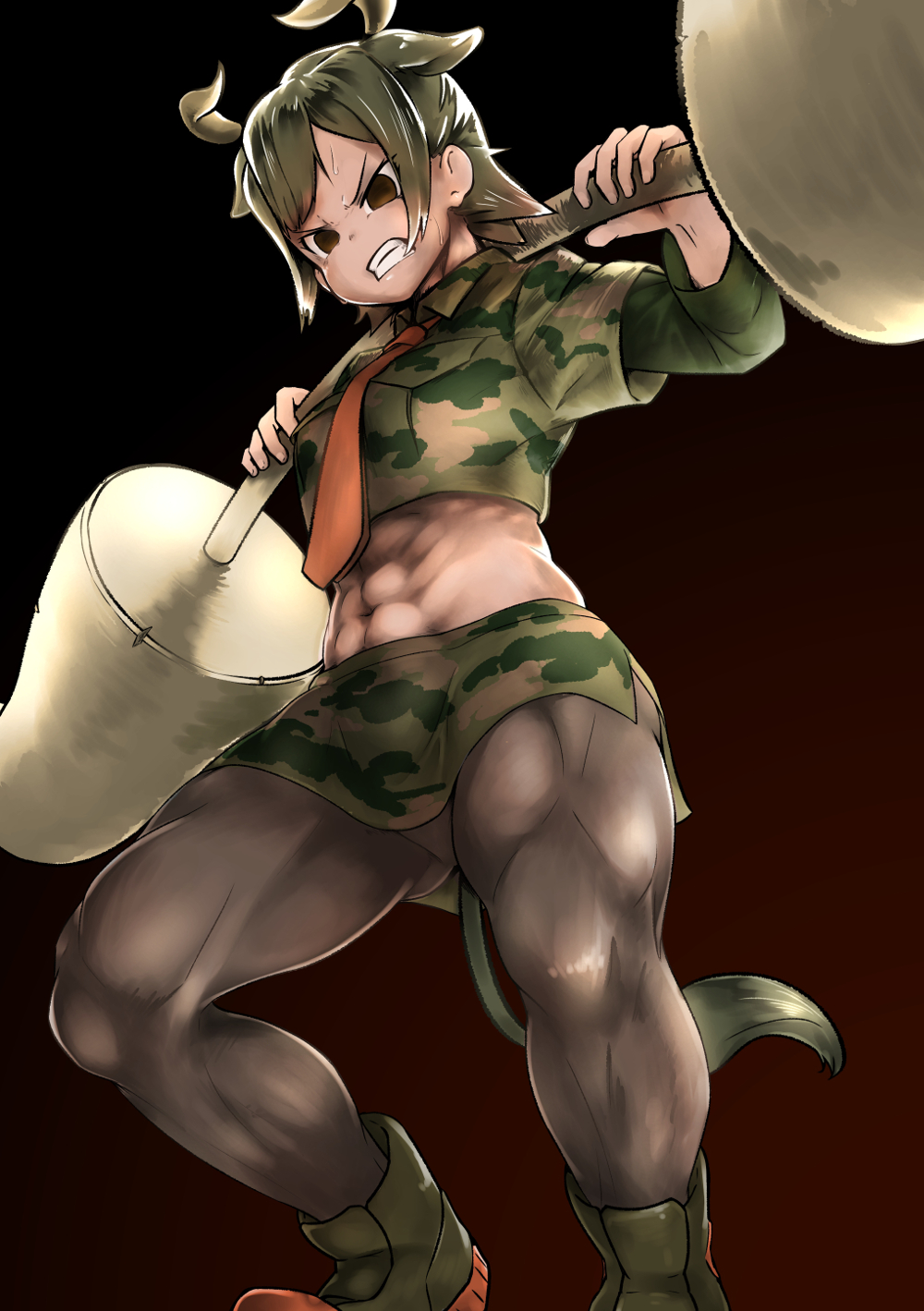 1girl abs animal_ears aurochs_(kemono_friends) bangs black_legwear brown_eyes brown_hair camouflage camouflage_shirt camouflage_skirt charnoe clenched_teeth collared_shirt commentary_request crop_top cropped_shirt dark_skin empty_eyes extra_ears from_below full_body gluteal_fold green_footwear green_hair green_shirt green_skirt hands_up highres horns kemono_friends lifting long_sleeves looking_down midriff miniskirt multicolored_hair muscle muscular_female navel necktie oryx_ears oryx_tail pantyhose parted_bangs red_neckwear shirt shoes short_hair short_over_long_sleeves short_sleeves side_slit skirt solo standing stomach tail teeth thick_thighs thighs two-tone_hair upskirt v-shaped_eyebrows weightlifting weights wing_collar