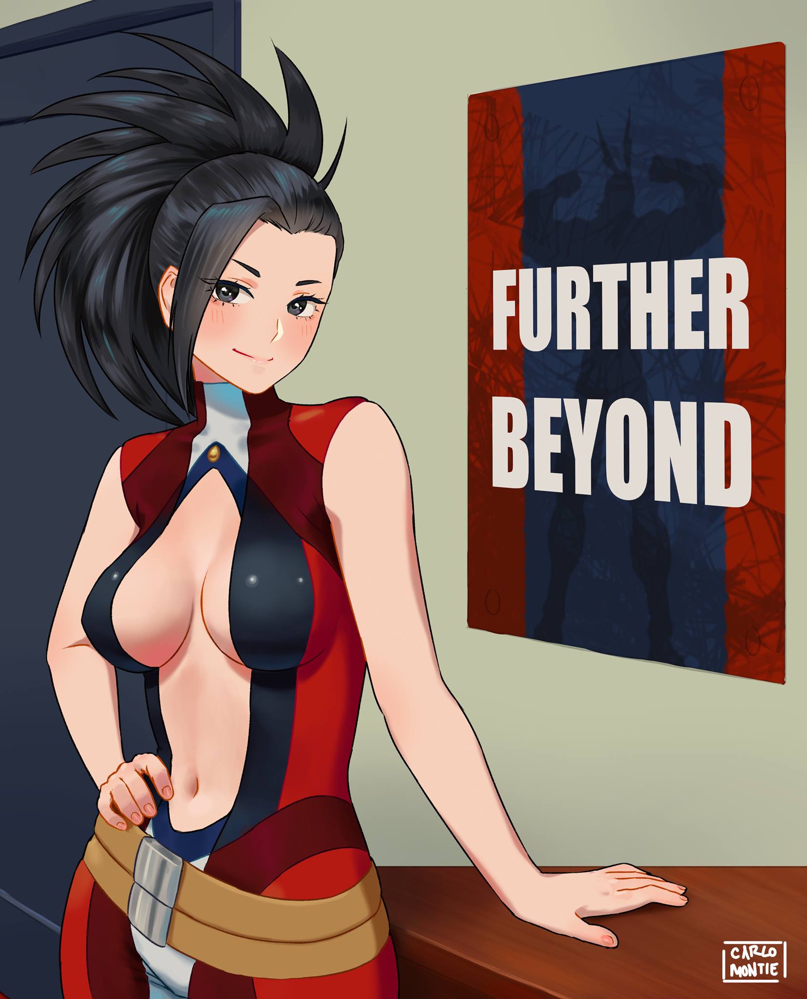 1girl all_might bare_shoulders belt black_eyes black_hair blush bodysuit boku_no_hero_academia breasts carlo_montie center_opening commentary english_commentary hand_on_hip highres indoors large_breasts light_smile looking_at_viewer loose_belt navel no_bra ponytail poster poster_(object) solo yaoyorozu_momo