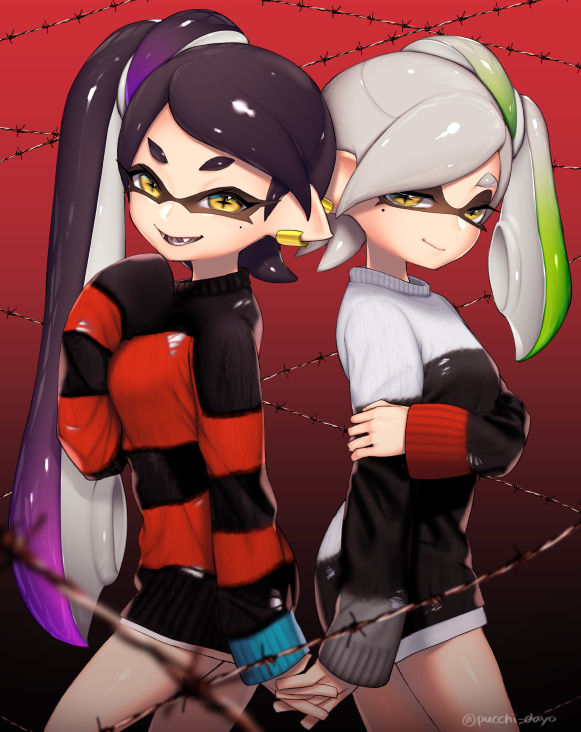 alternate_costume aori_(splatoon) barbed_wire black_hair closed_mouth cousins domino_mask earrings fangs gradient_hair green_hair hand_holding hotaru_(splatoon) japanese_clothes jewelry kimono long_sleeves looking_at_viewer mask mole mole_under_eye multicolored_hair open_mouth ponytail puchiman purple_hair side_ponytail silver_hair sleeves_past_wrists smile splatoon splatoon_1 sweater symbol-shaped_pupils tentacle_hair two-tone_hair