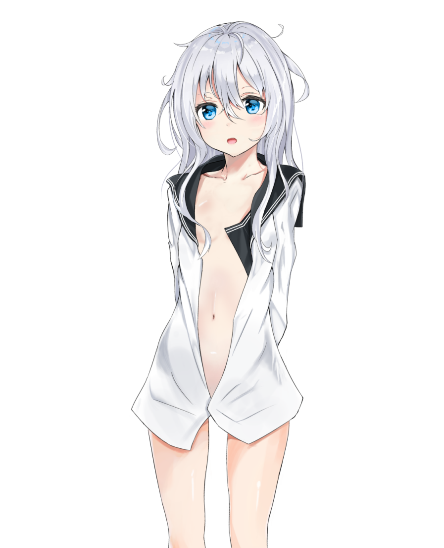 1girl black_sailor_collar blue_eyes feet_out_of_frame flat_chest hibiki_(kantai_collection) kantai_collection long_hair looking_at_viewer messy_hair milly_(milly_7) navel no_bra open_clothes open_mouth open_shirt sailor_collar silver_hair simple_background solo standing verniy_(kantai_collection) white_background