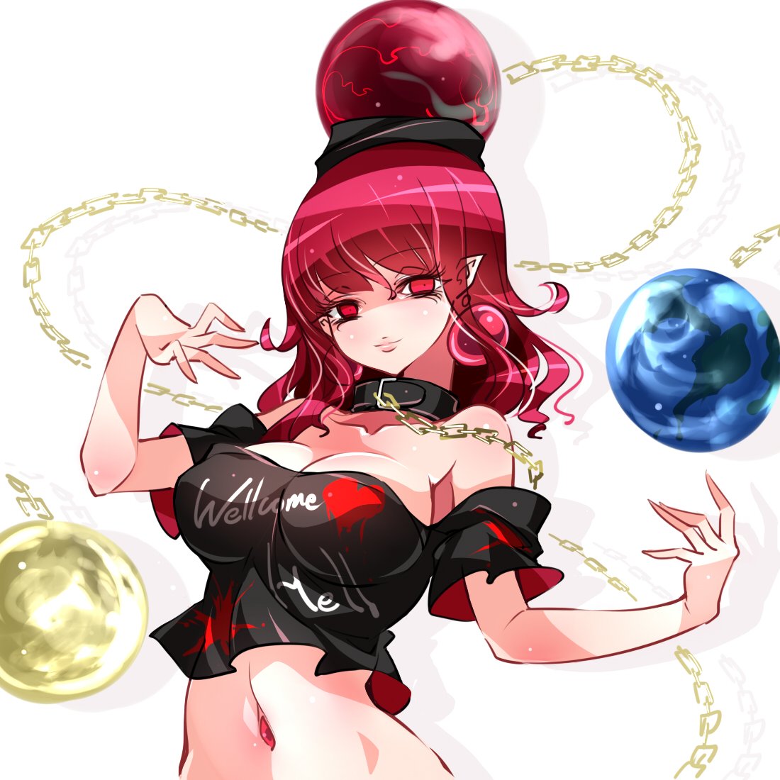 1girl alternate_eye_color alternate_hair_color black_shirt breasts chains cleavage clothes_writing collar earth_(ornament) eyelashes gold_chain half-closed_eyes hand_up head_tilt hecatia_lapislazuli looking_at_viewer medium_breasts moon_(ornament) navel_piercing off-shoulder_shirt piercing pink_eyes pink_hair pink_lips pointy_ears raptor7 shadow shirt short_sleeves sideways_glance simple_background smile solo touhou upper_body waist white_background