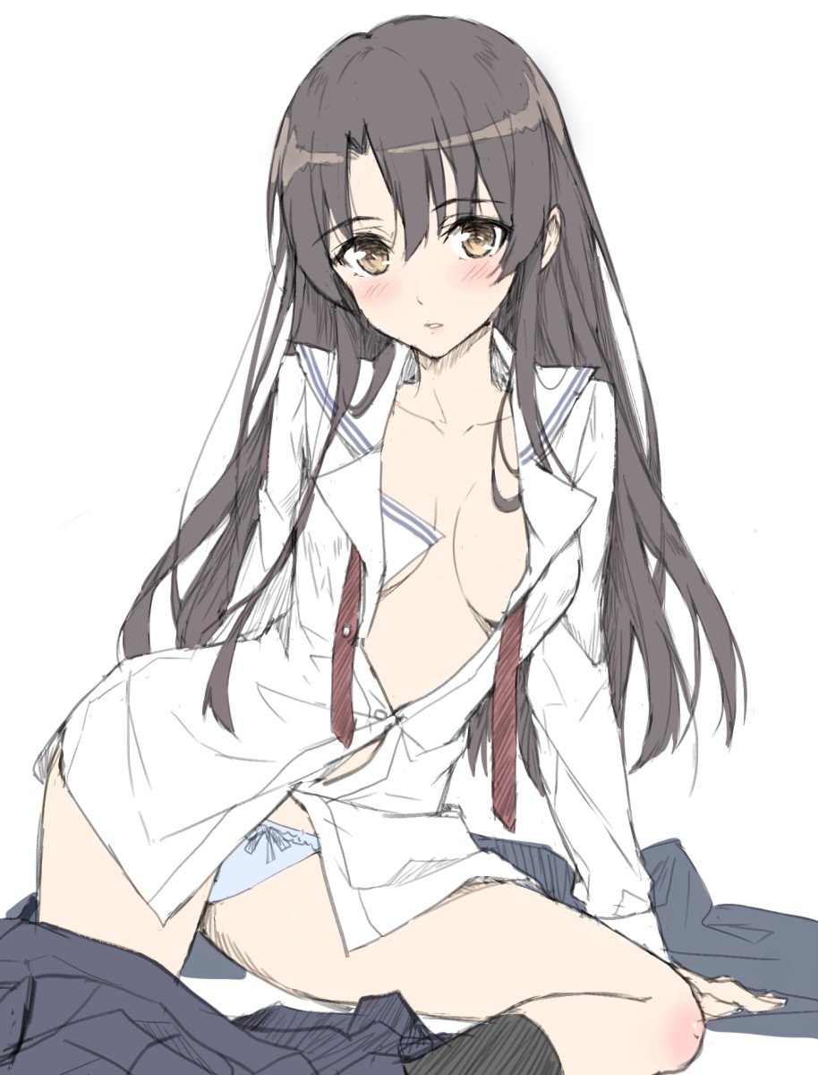 1girl arm_support black_legwear blue_panties blue_skirt blush breasts brown_hair commentary english_commentary feet_out_of_frame highres katou_megumi long_hair long_sleeves looking_at_viewer medium_breasts panties parted_lips pleated_skirt saenai_heroine_no_sodatekata sailor_collar school_uniform serafuku simple_background skirt solo tonee underwear white_background white_sailor_collar yellow_eyes